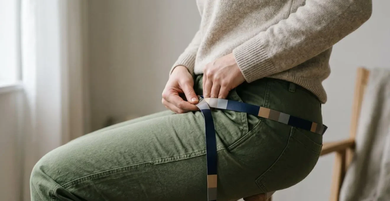 Professional demonstration of proper hip width measurement technique for wheelchair and mobility scooter seat sizing
