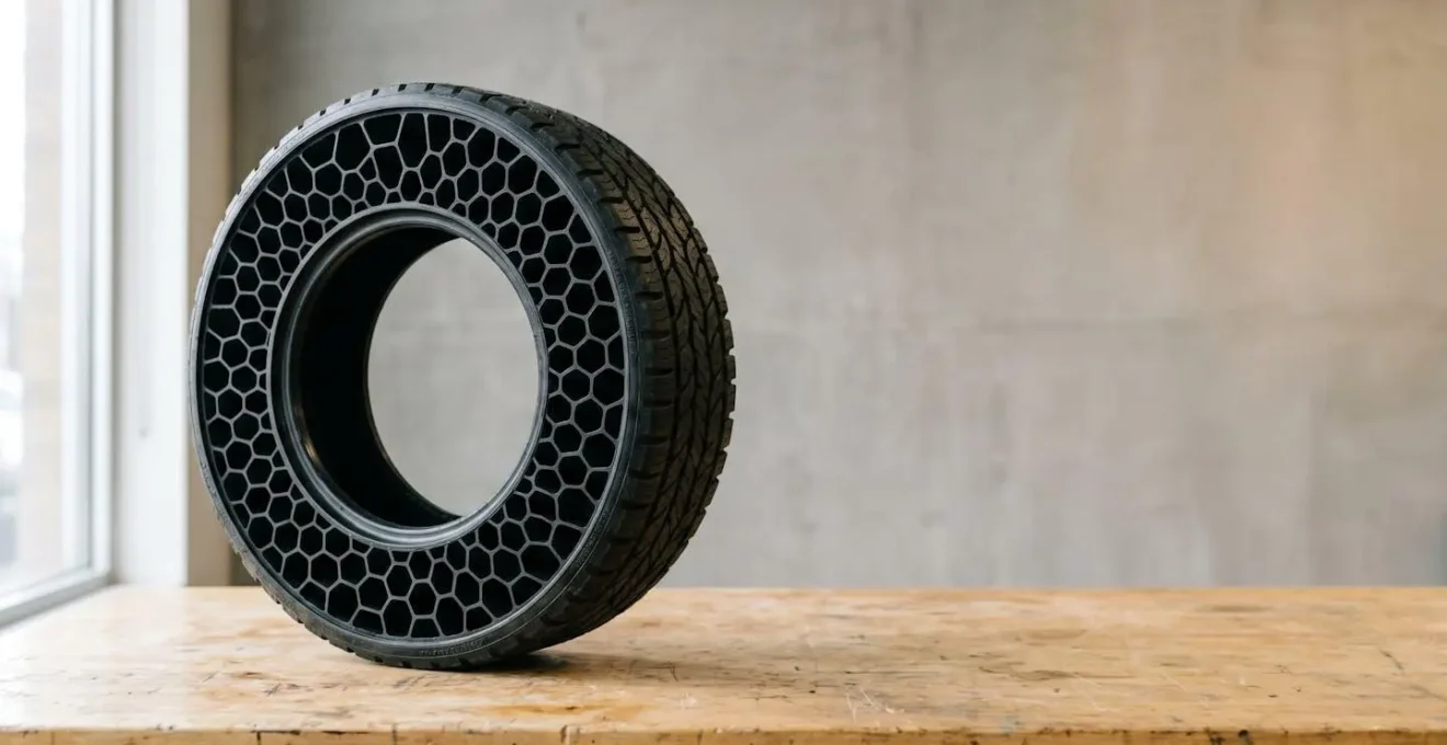 Cross-sectional view of honeycomb airless tire showing internal cellular structure designed for shock absorption without pneumatic inflation