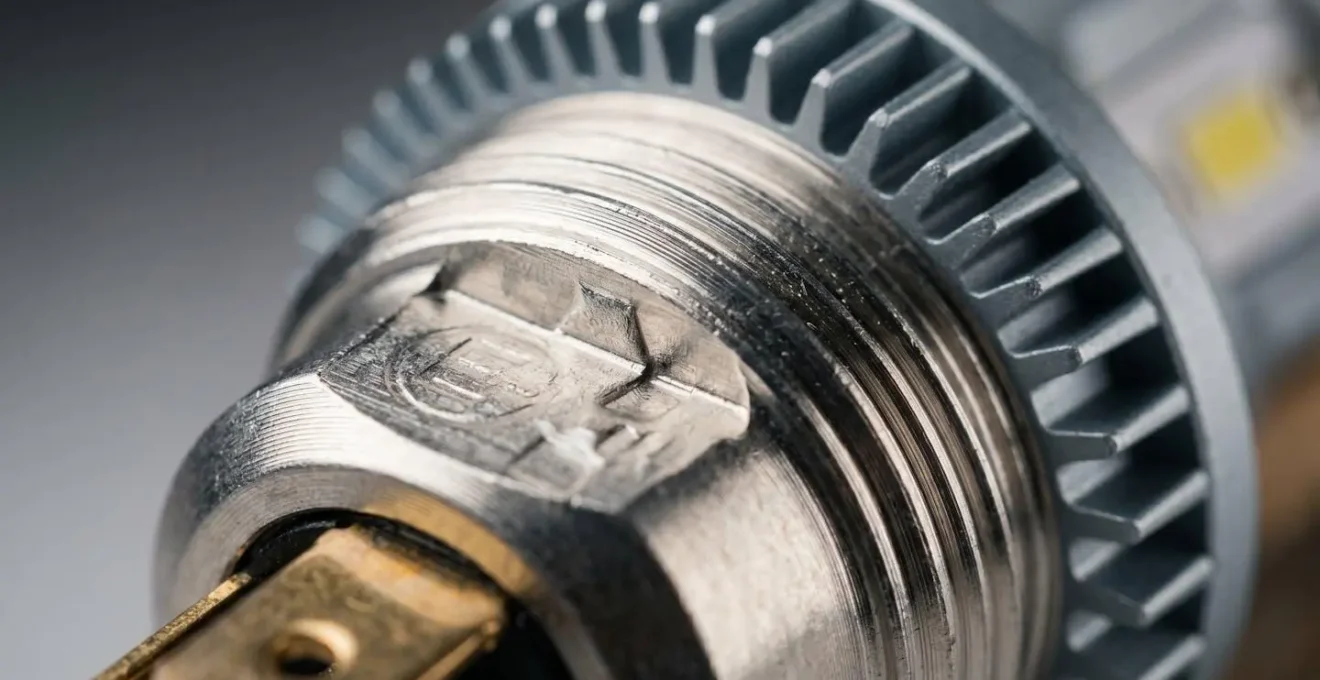Extreme close-up of E-mark certification on LED motorcycle bulb base