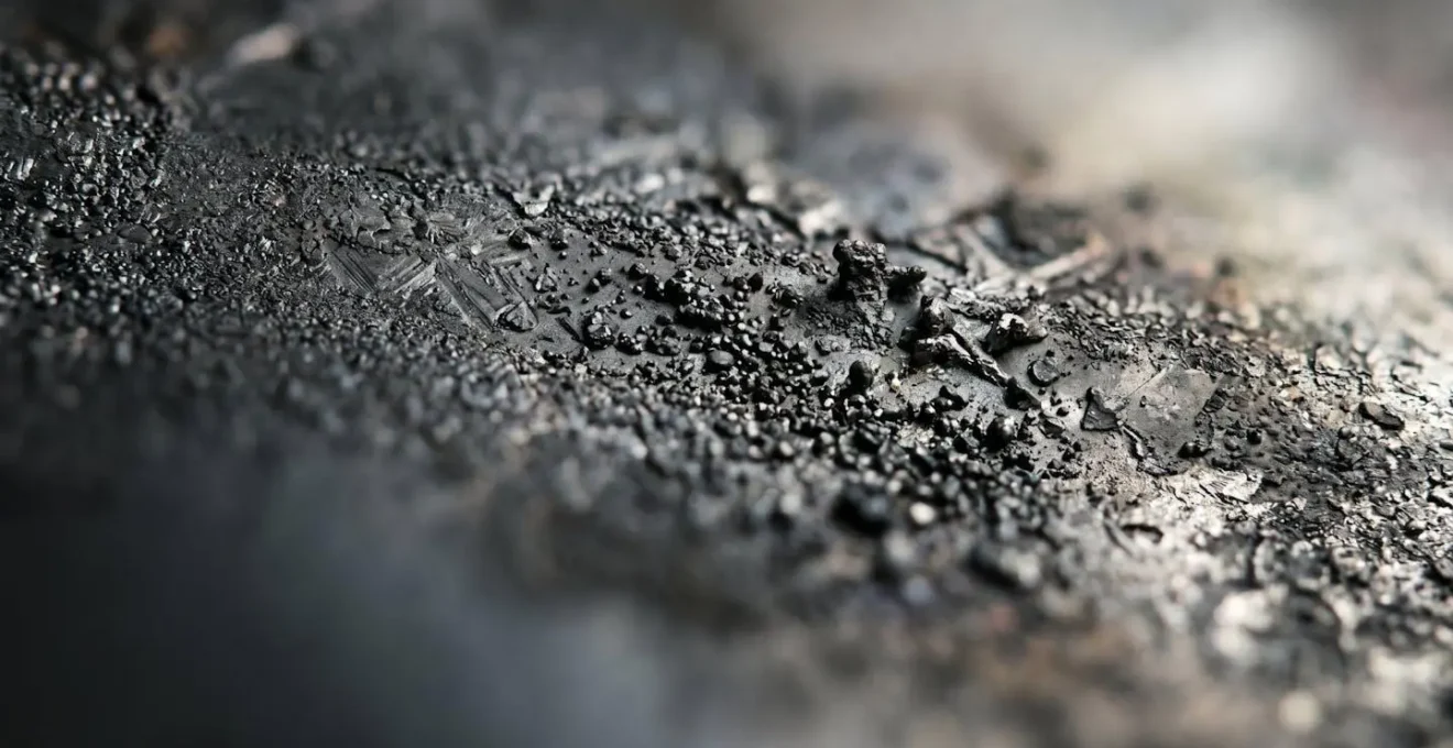 Extreme macro photograph showing battery electrode surface texture and material degradation patterns