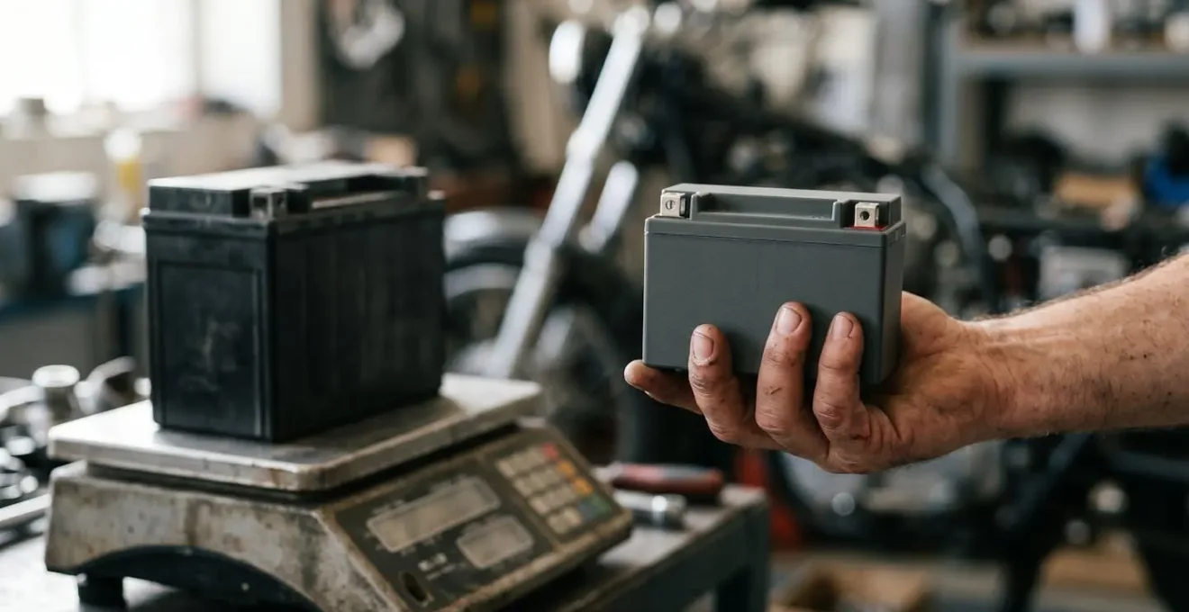 Side-by-side comparison showing the dramatic weight difference between lithium and lead-acid motorcycle batteries of equivalent power