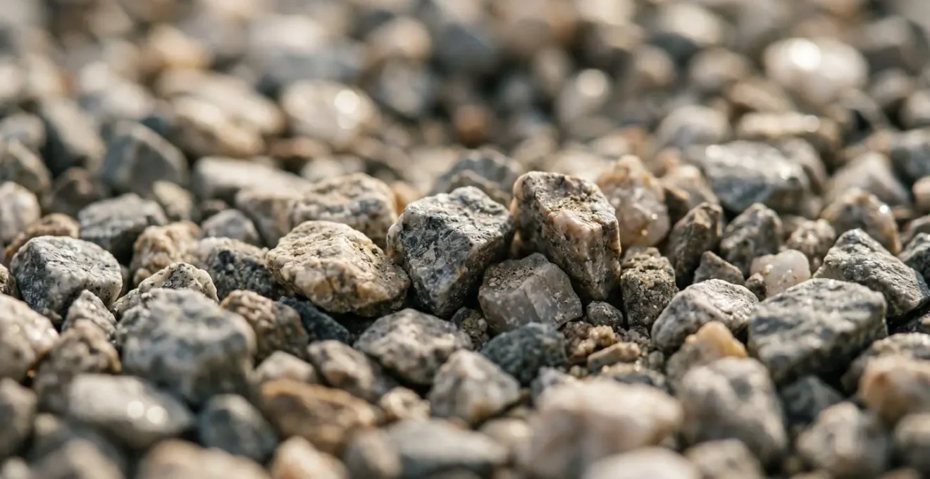 Extreme close-up macro photograph of loose gravel surface showing individual stone texture and unstable shifting particles