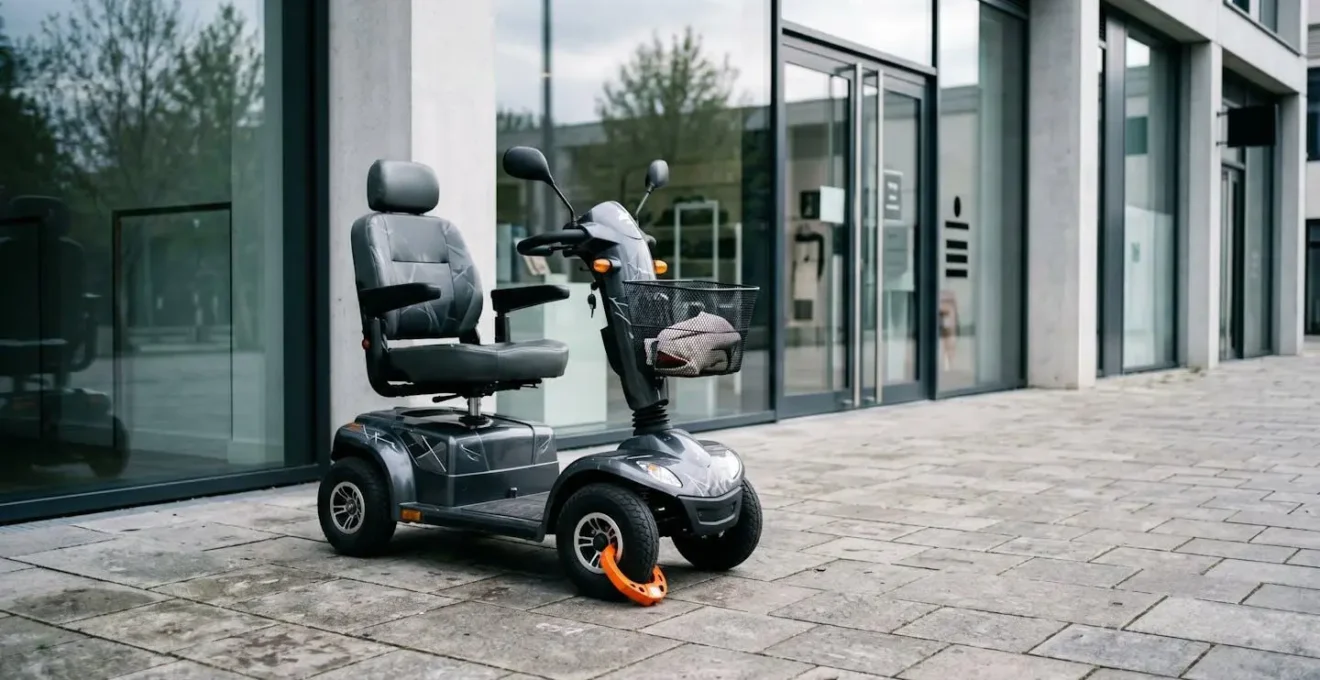 Environmental photograph showing a mobility scooter secured in a public space with alarm system
