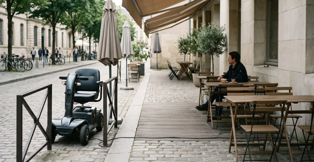Environmental view of a mobility scooter safely parked at an outdoor café terrace with accessible charging setup, demonstrating responsible public charging etiquette and spatial awareness