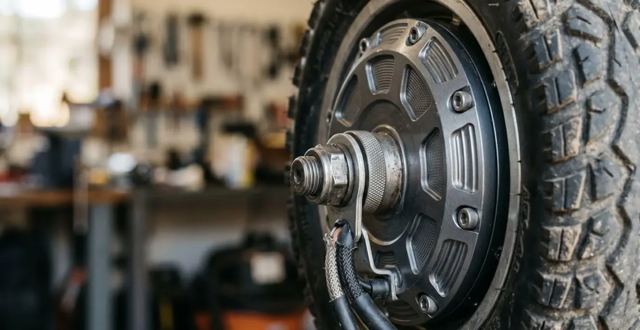 Close-up detail of a brushless motor hub system on a heavy-duty mobility scooter wheel