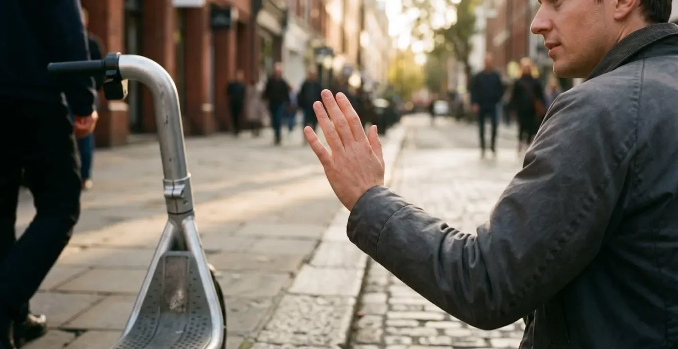 Symbolic representation of safe pedestrian alerting showing gentle communication between mobility scooter user and pedestrian through non-verbal cues