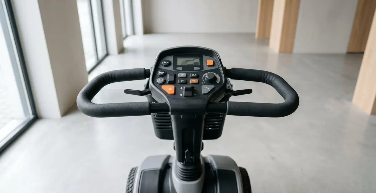 Wide environmental shot of mobility scooter control console showing ergonomic placement of secondary controls within easy reach