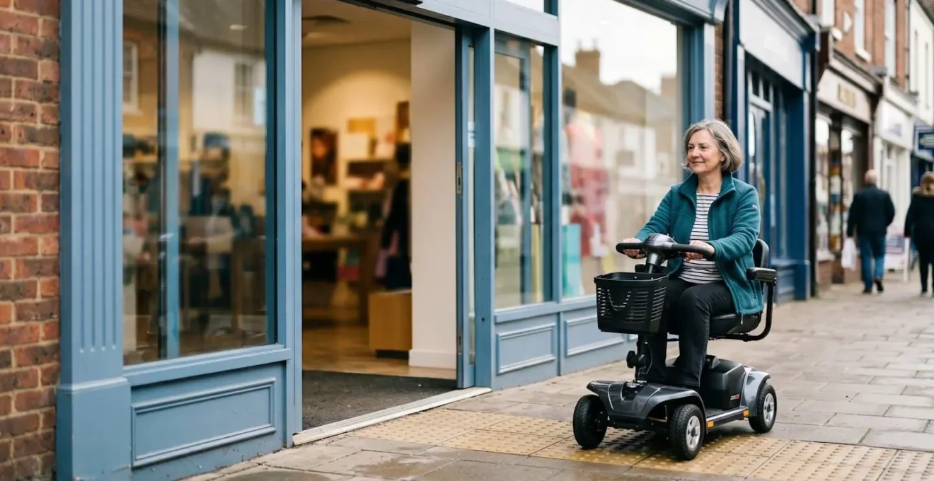 Person on mobility scooter approaching wide automatic door entrance with level threshold