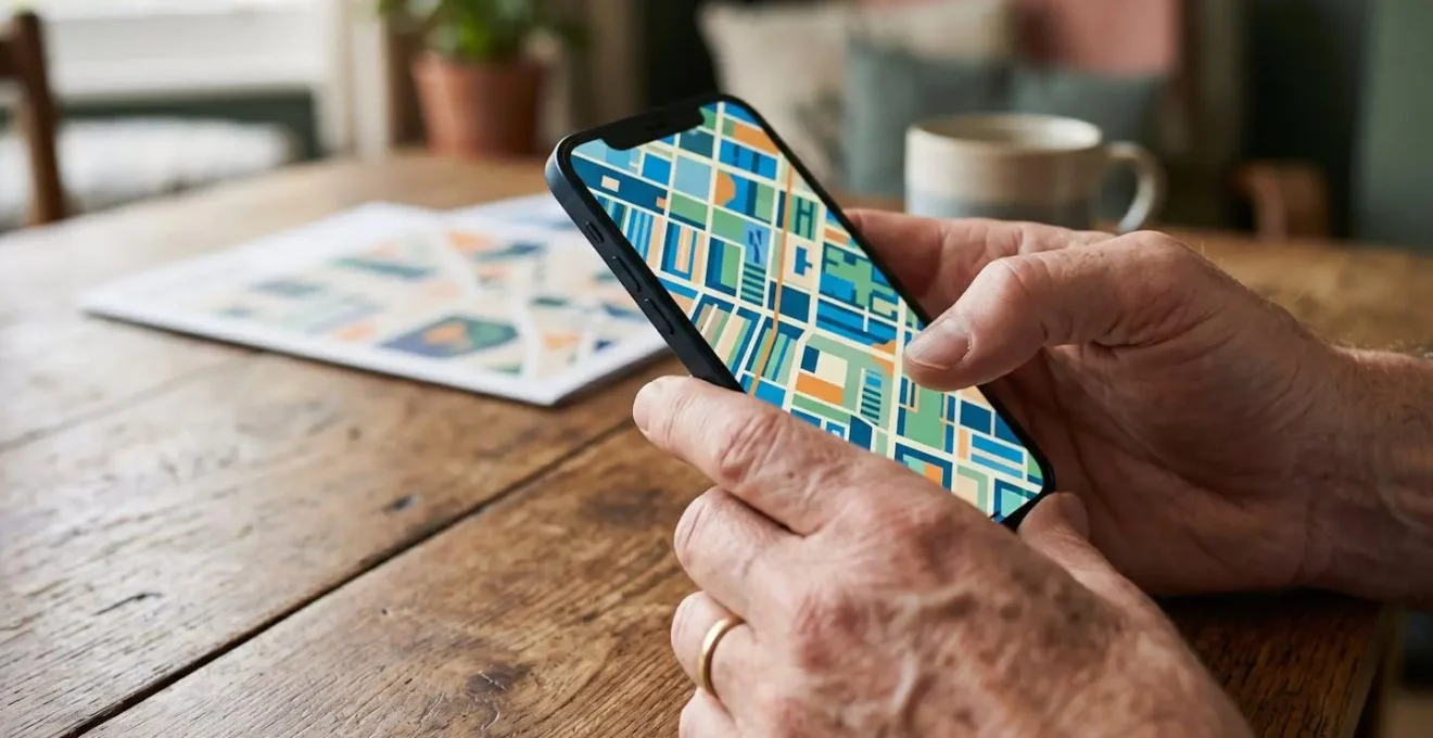 Close-up of hands using smartphone to research accessible route with map application