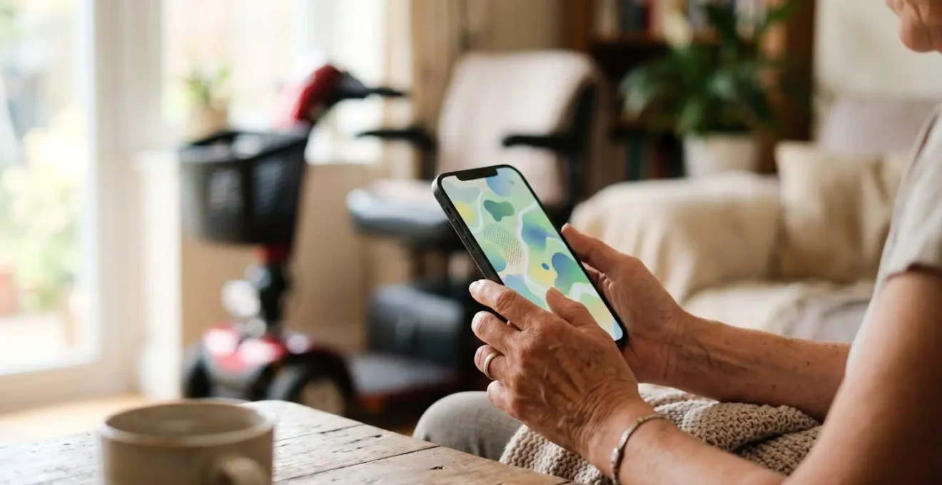 Close-up of hands holding a smartphone displaying a navigation app interface while planning a mobility scooter charging route, showing thoughtful digital journey preparation