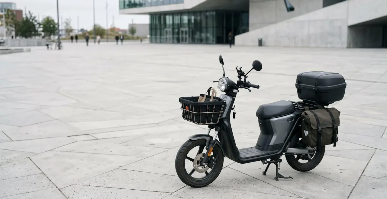 Environmental view showing scooter with balanced cargo distribution using multiple storage solutions