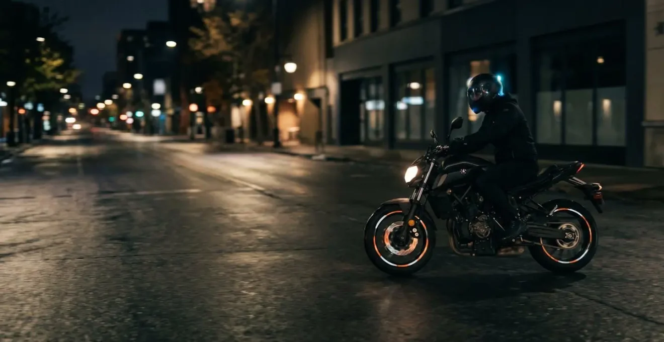 Environmental night shot of motorcycle with spinning wheel reflectors creating motion blur effect on urban road