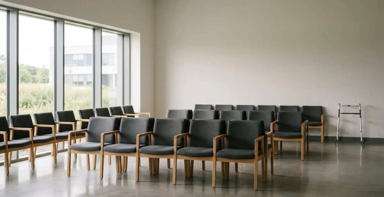 Empty healthcare waiting area with natural light suggesting the contemplative wait for NHS wheelchair services