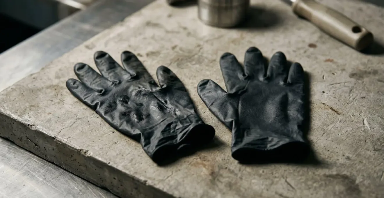 Pair of nitrile work gloves with subtle oil residue against minimalist workshop background