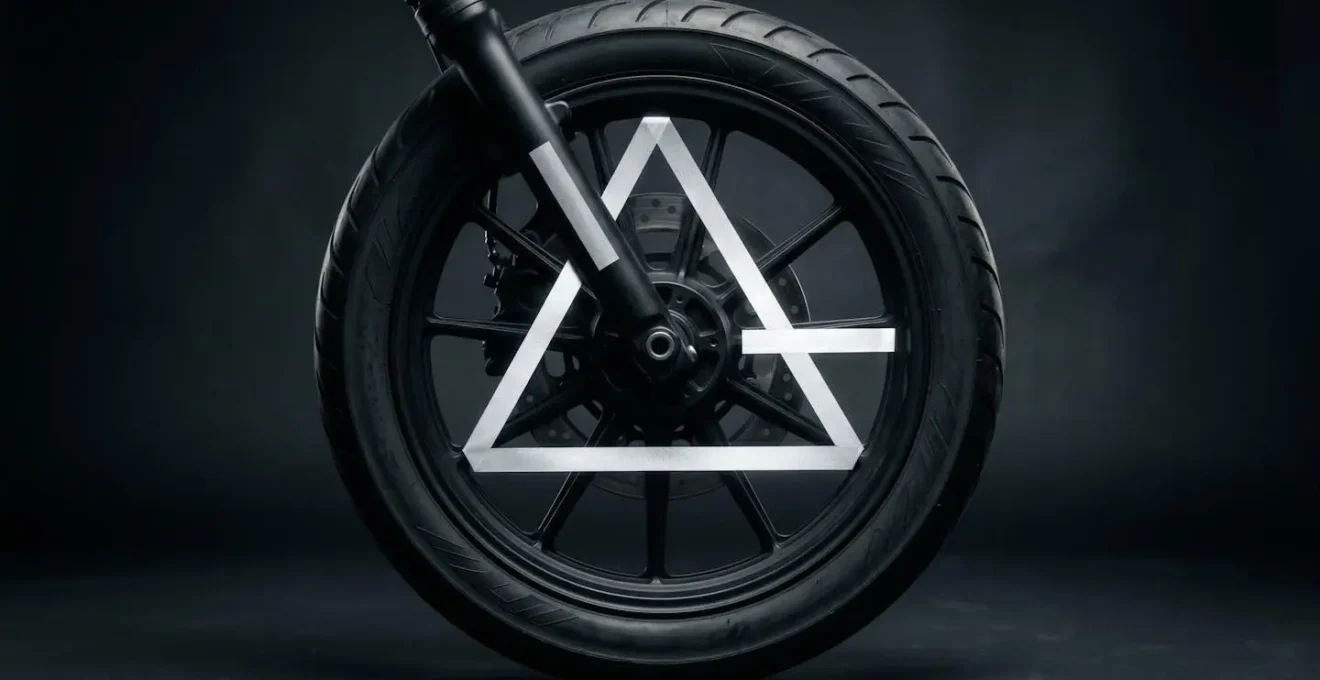 Strategic placement of reflective tape on motorcycle wheel rims and fork lowers highlighting motion and creating a biomotion effect