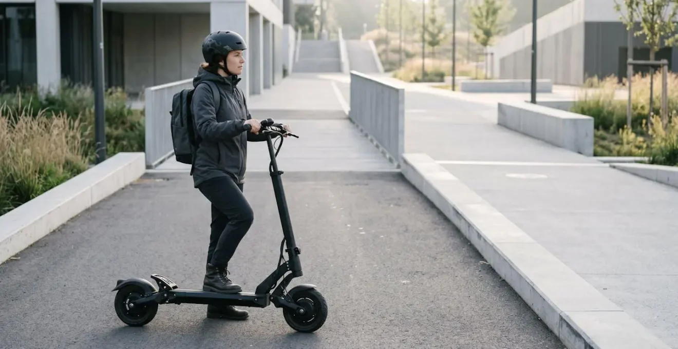 Minimalist environmental composition showing scooter user preparing for commute with gear and cargo