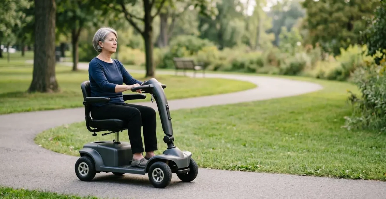 Scooter rider demonstrating correct orthopedic posture with neutral spine and engaged core in outdoor setting