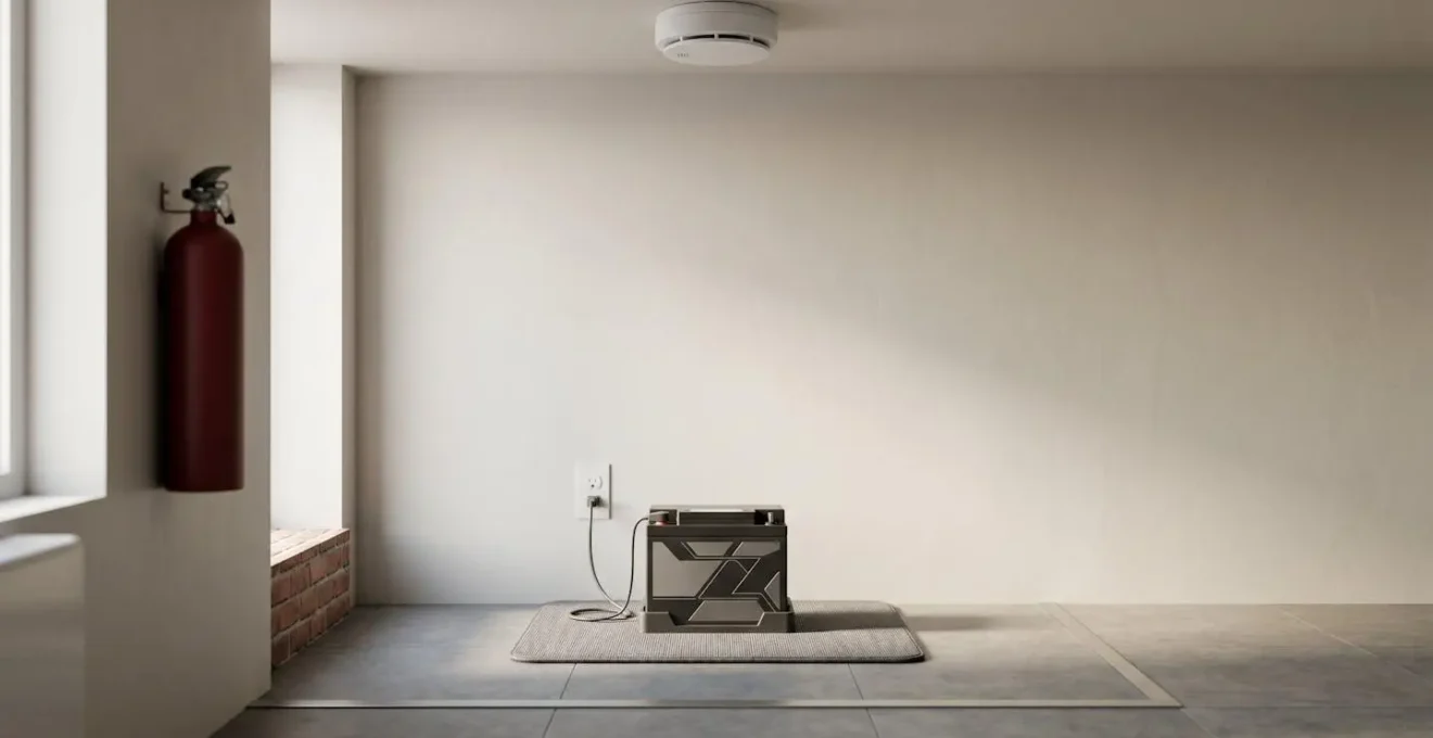 Dedicated indoor charging station with fire-retardant surface and safety equipment for mobility scooter battery