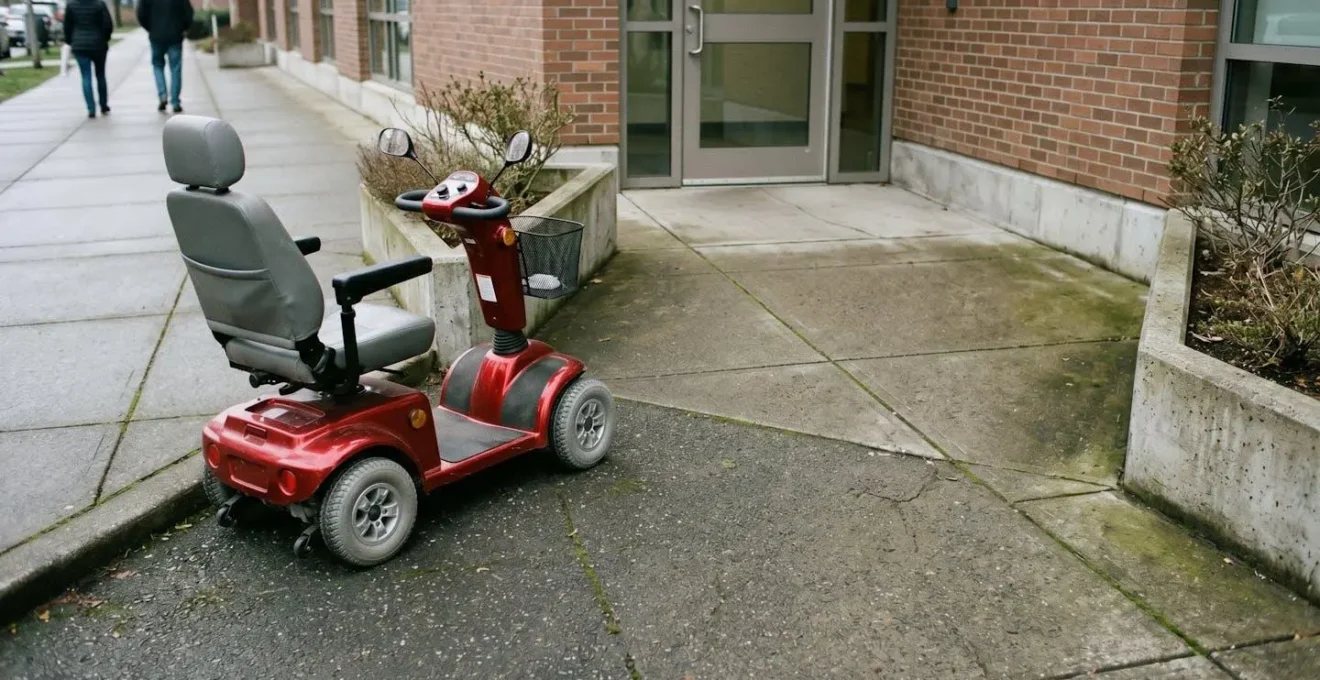 Urban mobility scooter creating potential pedestrian hazard in public space illustrating negligence risk