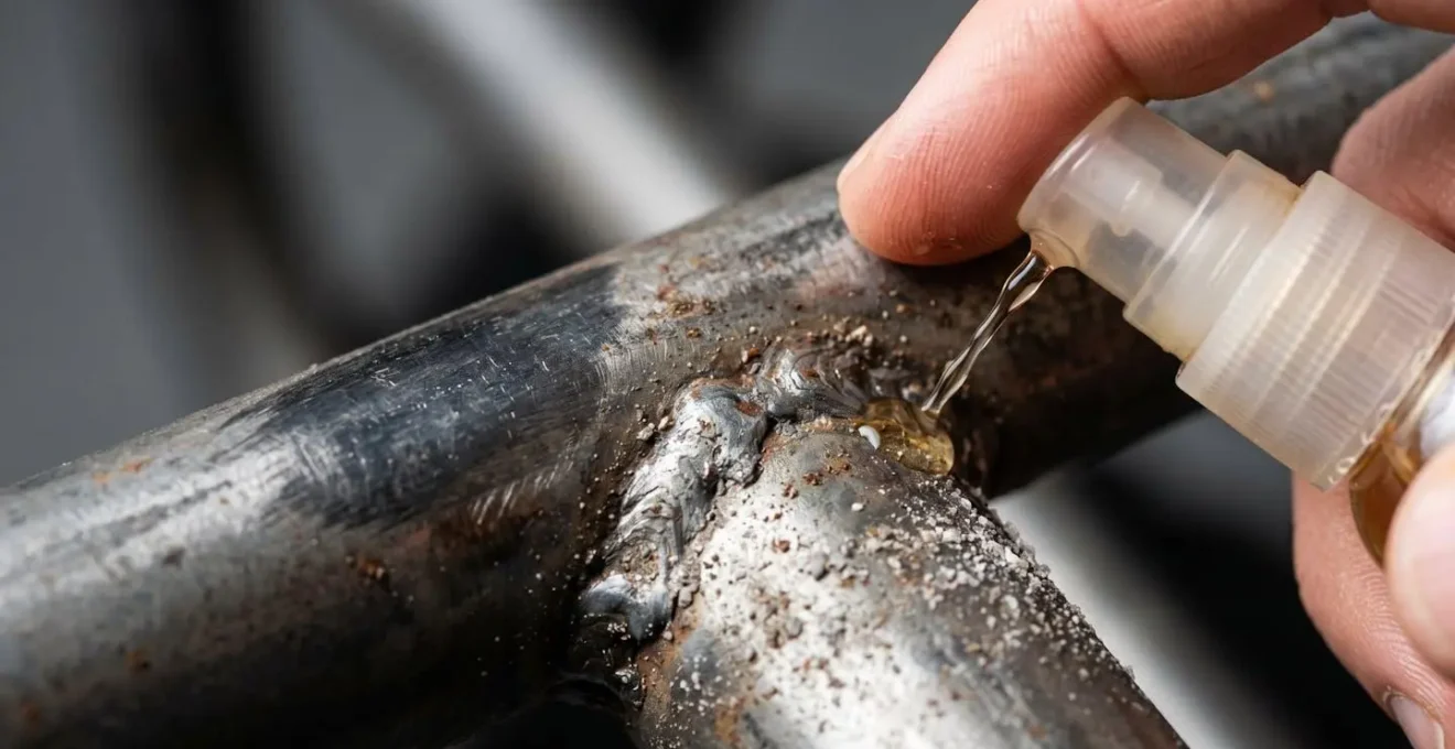 Macro detail of weathered steel mobility scooter frame junction showing salt residue and protective coating application