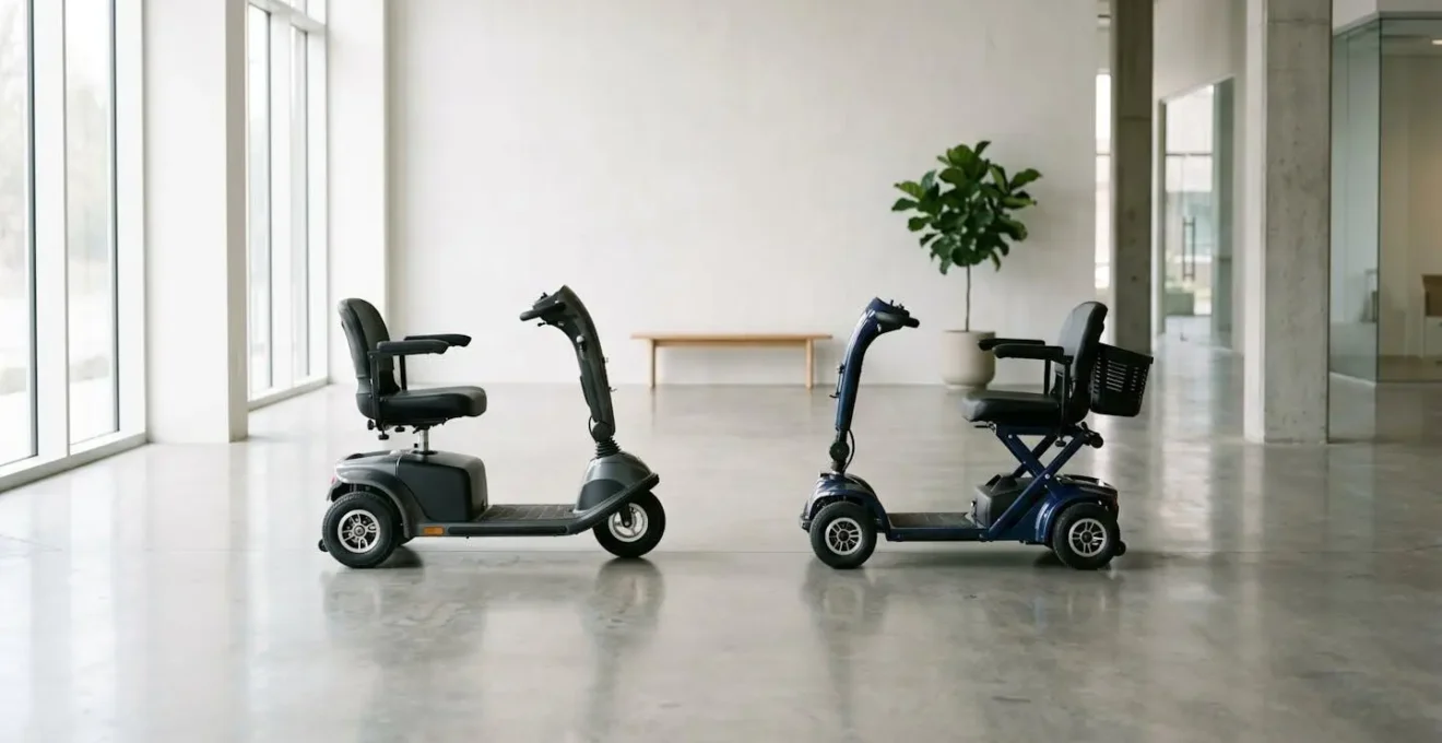Wide environmental shot comparing the footprint and spatial presence of three-wheel and four-wheel compact mobility scooters in a realistic indoor setting