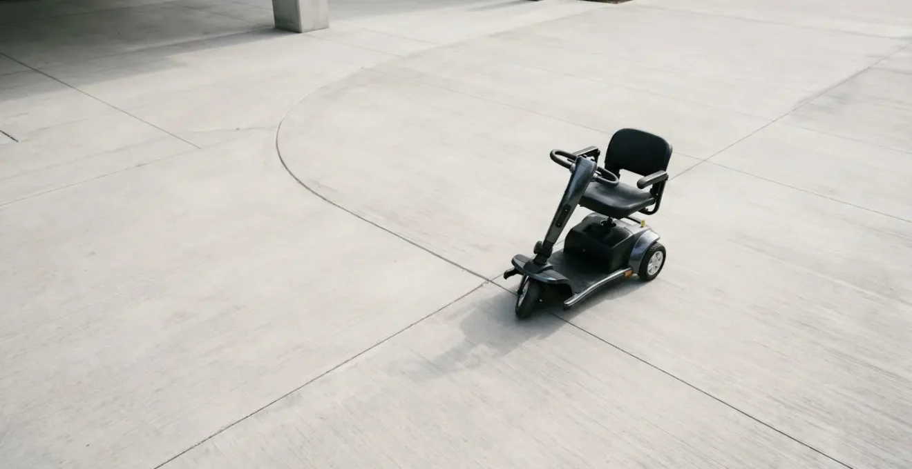 Environmental wide shot showing a mobility scooter navigating a tight corner with visual emphasis on stability and controlled movement