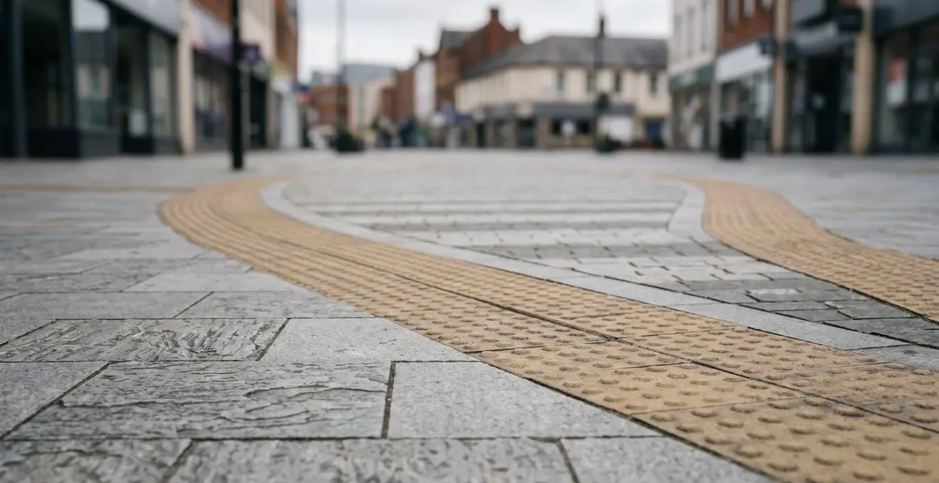Environmental wide shot showing a pedestrian-priority pavement space with minimal scooter presence, emphasizing shared space safety