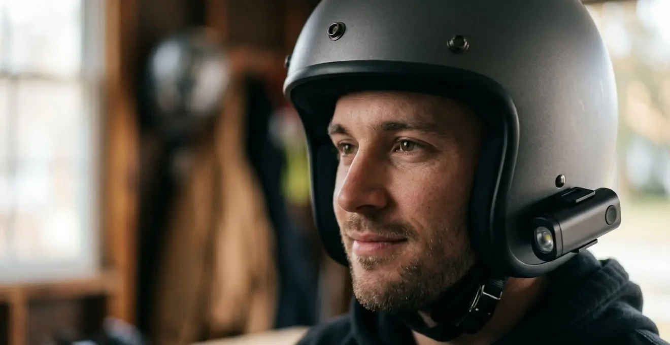 Close-up detail of wireless LED safety light mounted on motorcycle helmet